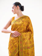 Mustard Floral Tanchoi Silk Handloom Banarasi Saree - Sacred Weaves
