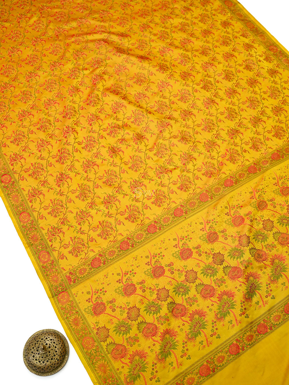 Mustard Floral Tanchoi Silk Handloom Banarasi Saree - Sacred Weaves