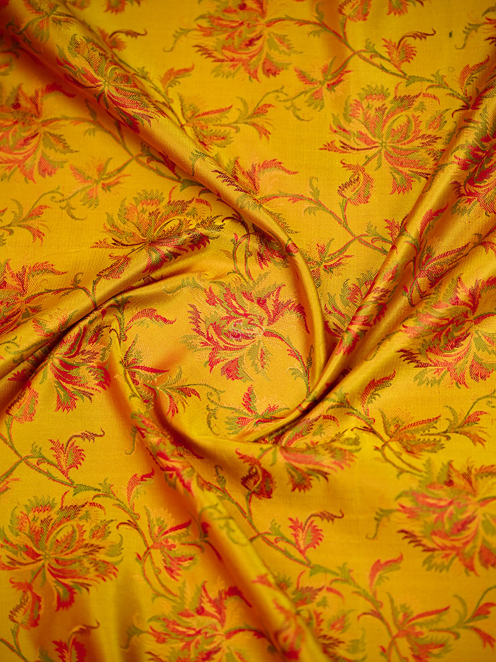 Mustard Floral Tanchoi Silk Handloom Banarasi Saree - Sacred Weaves