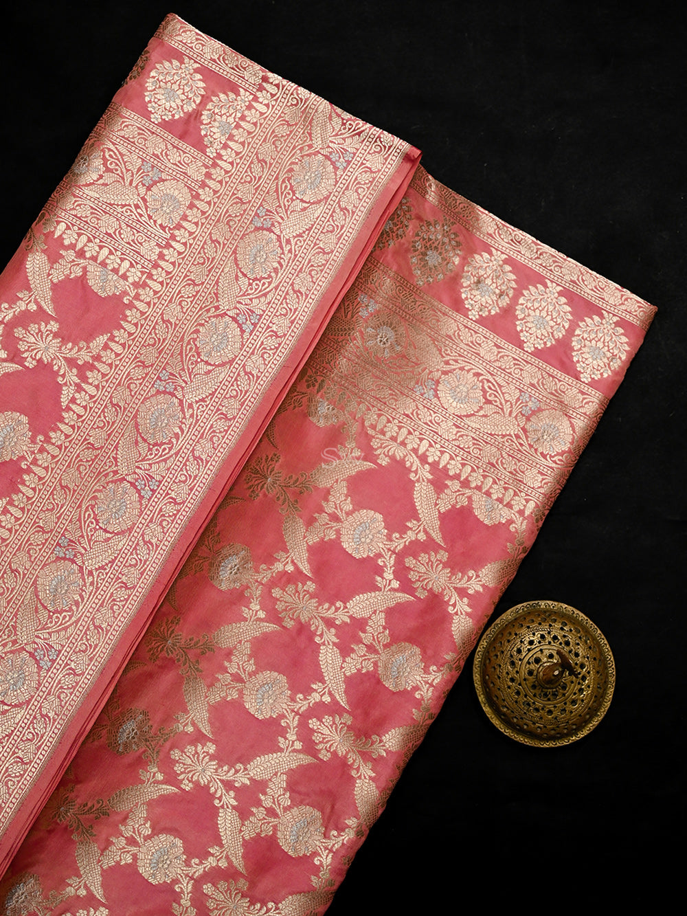Coral Pink Jaal Uppada Katan Silk Handloom Banarasi Saree - Sacred Weaves