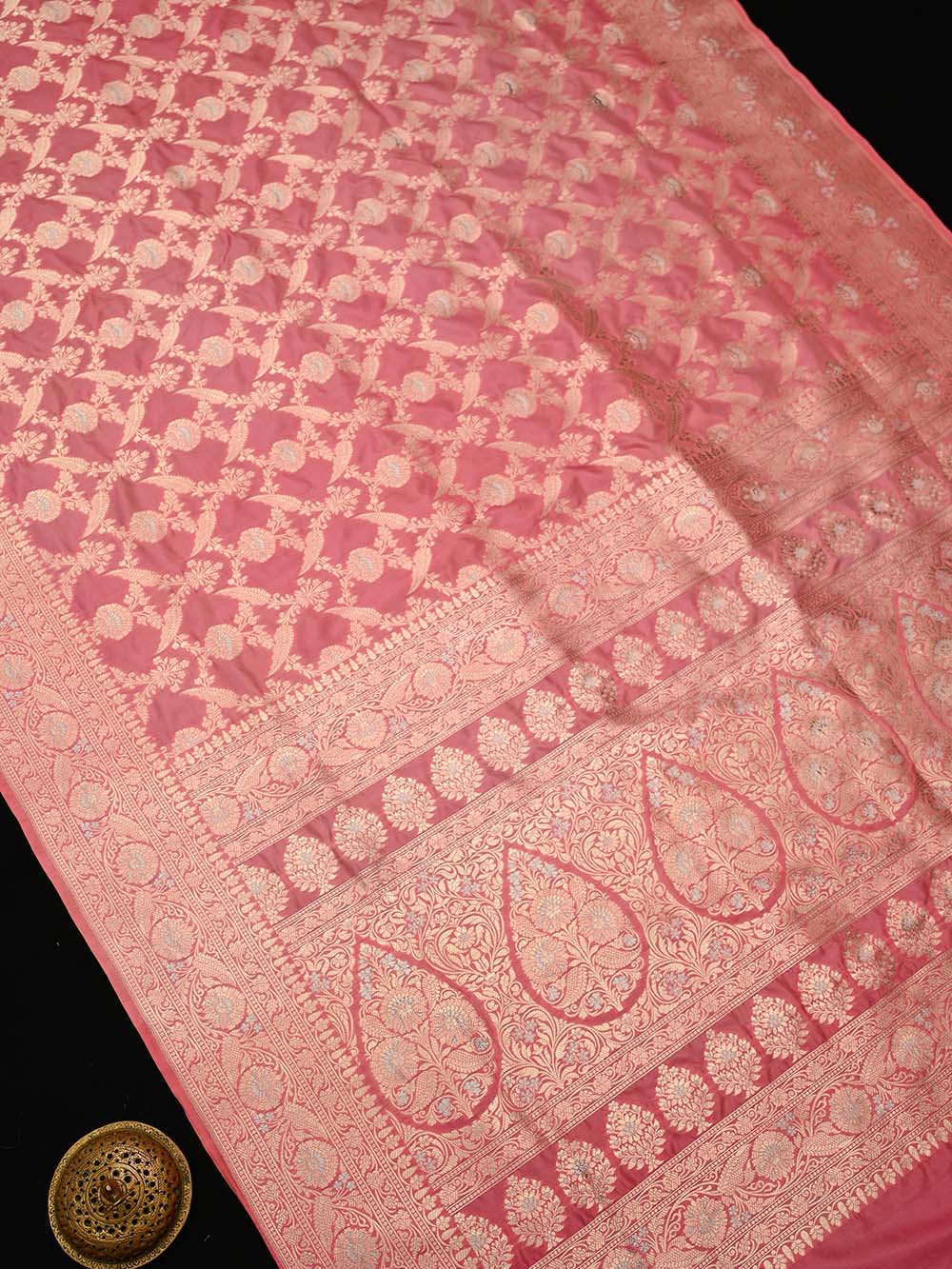 Coral Pink Jaal Uppada Katan Silk Handloom Banarasi Saree - Sacred Weaves