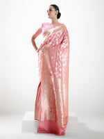 Coral Pink Jaal Uppada Katan Silk Handloom Banarasi Saree - Sacred Weaves