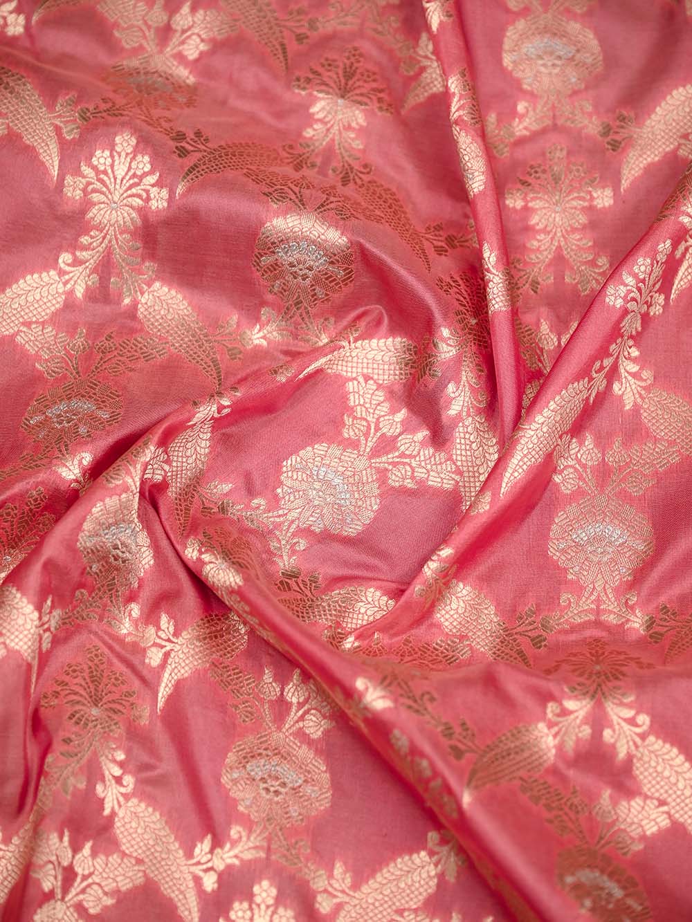 Coral Pink Jaal Uppada Katan Silk Handloom Banarasi Saree - Sacred Weaves