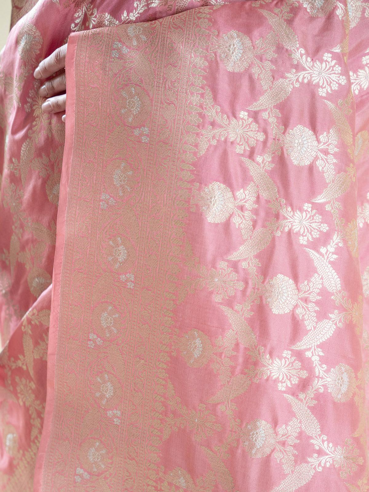 Coral Pink Jaal Uppada Katan Silk Handloom Banarasi Saree - Sacred Weaves