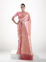 Coral Pink Jaal Uppada Katan Silk Handloom Banarasi Saree - Sacred Weaves