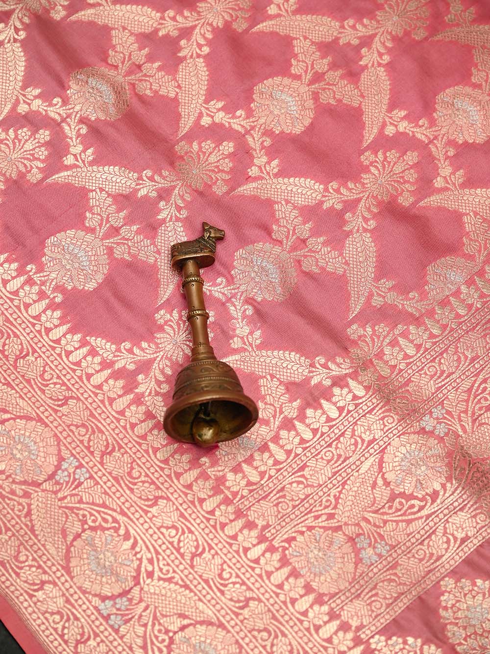 Coral Pink Jaal Uppada Katan Silk Handloom Banarasi Saree - Sacred Weaves