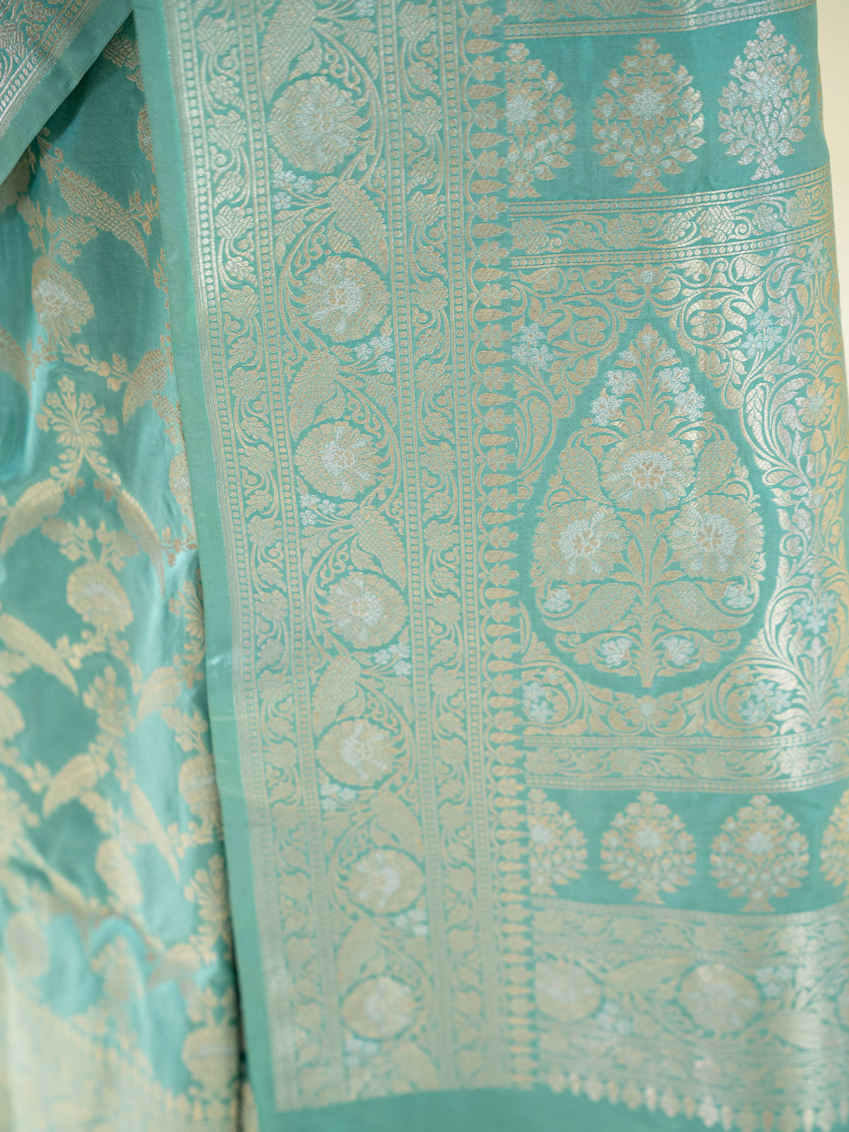 Aqua Green Jaal Uppada Katan Silk Handloom Banarasi Saree - Sacred Weaves