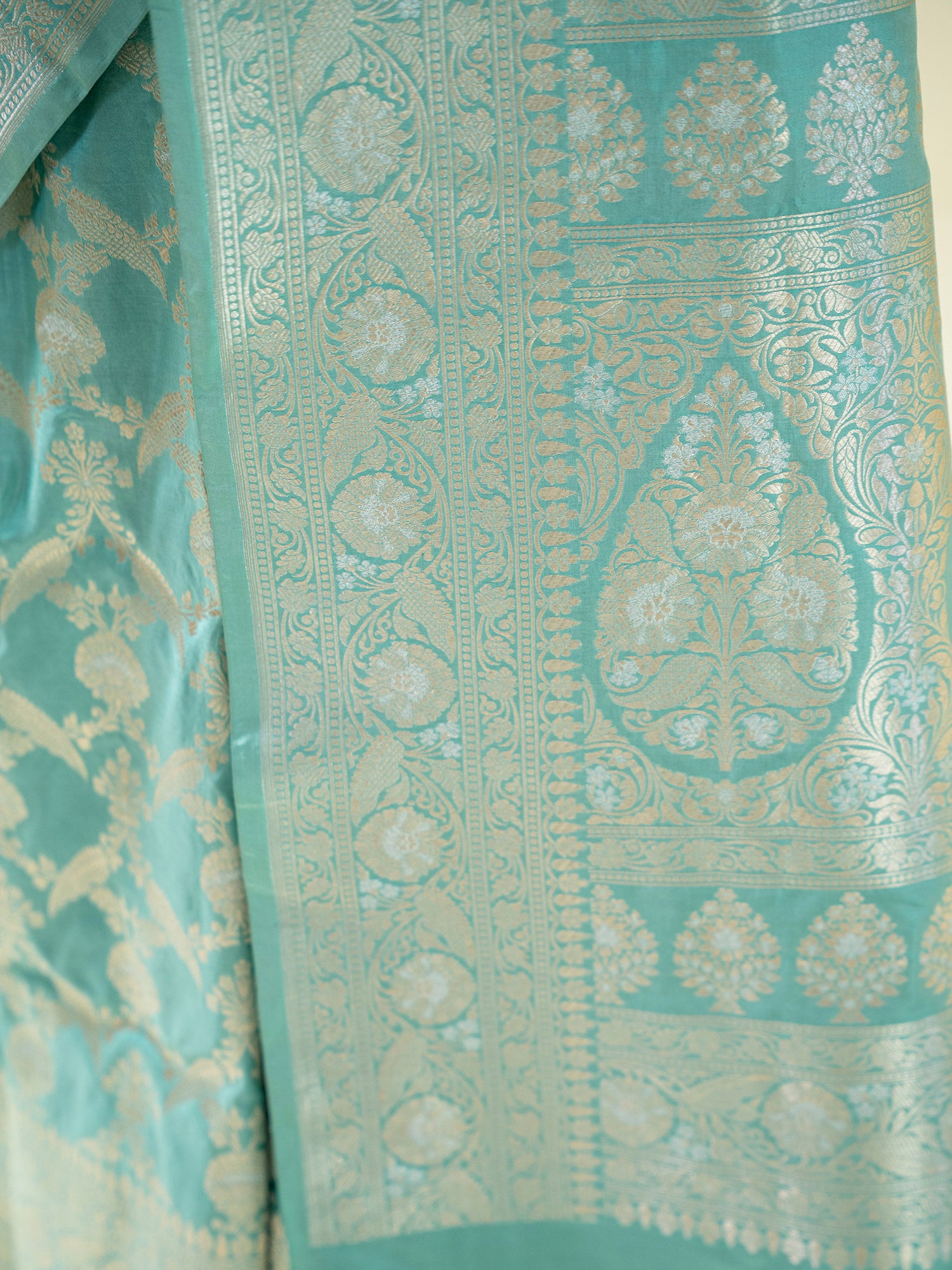 Aqua Green Jaal Uppada Katan Silk Handloom Banarasi Saree - Sacred Weaves