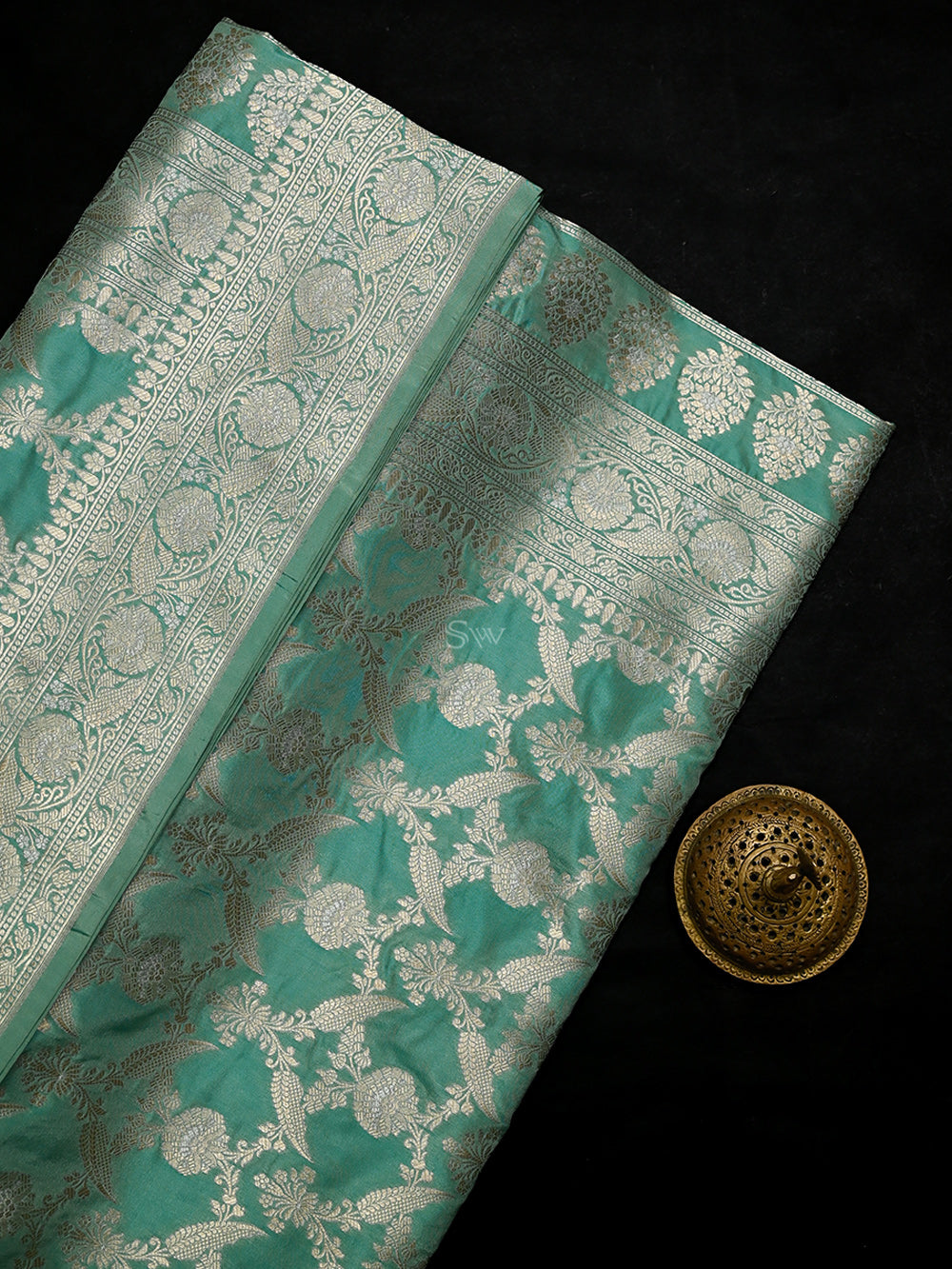 Aqua Green Jaal Uppada Katan Silk Handloom Banarasi Saree - Sacred Weaves