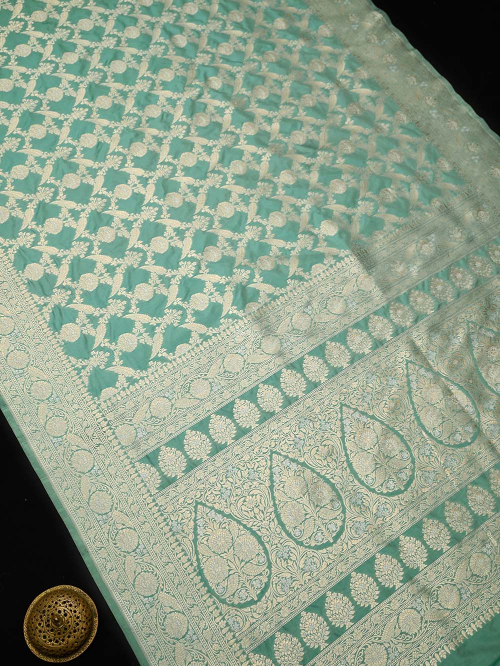 Aqua Green Jaal Uppada Katan Silk Handloom Banarasi Saree - Sacred Weaves
