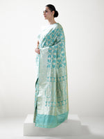 Aqua Green Jaal Uppada Katan Silk Handloom Banarasi Saree - Sacred Weaves