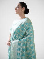Aqua Green Jaal Uppada Katan Silk Handloom Banarasi Saree - Sacred Weaves