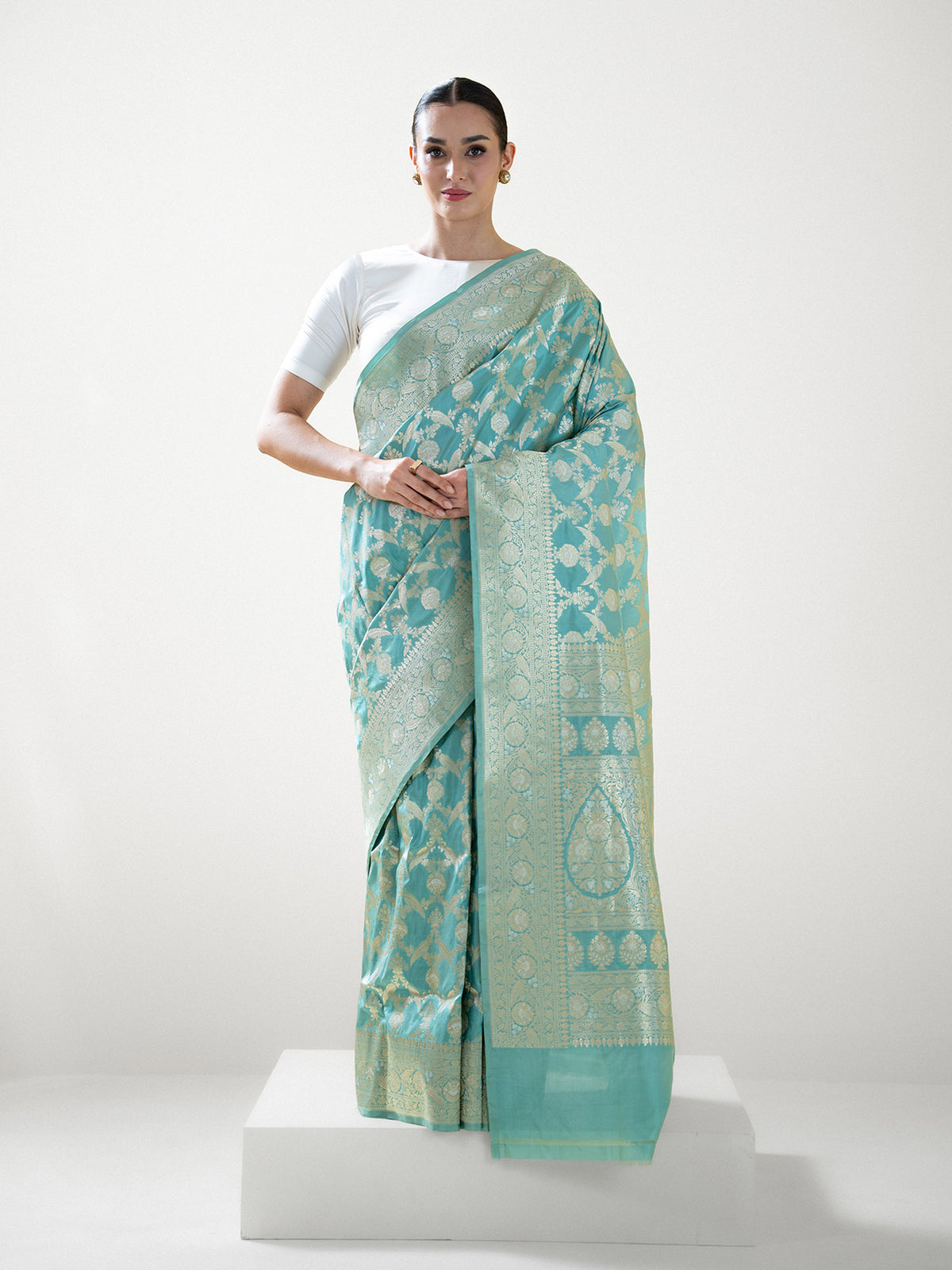 Aqua Green Jaal Uppada Katan Silk Handloom Banarasi Saree - Sacred Weaves