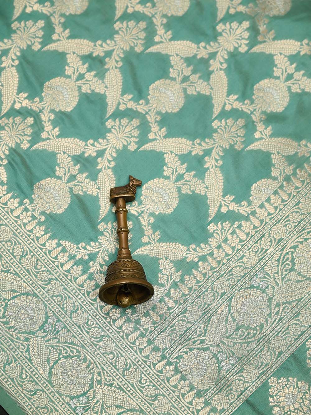 Aqua Green Jaal Uppada Katan Silk Handloom Banarasi Saree - Sacred Weaves