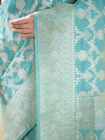 Aqua Green Jaal Uppada Katan Silk Handloom Banarasi Saree - Sacred Weaves