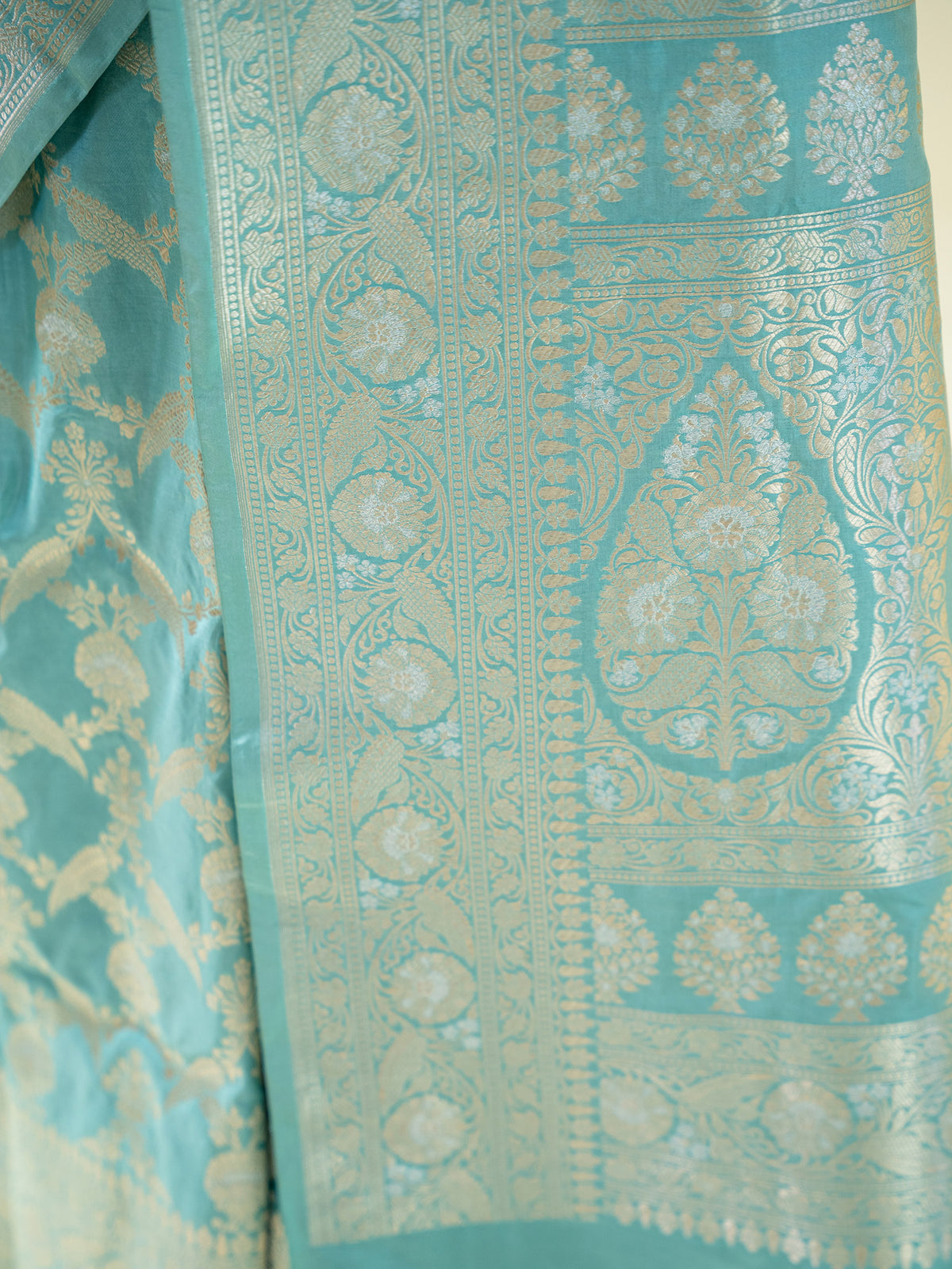 Aqua Green Jaal Uppada Katan Silk Handloom Banarasi Saree - Sacred Weaves