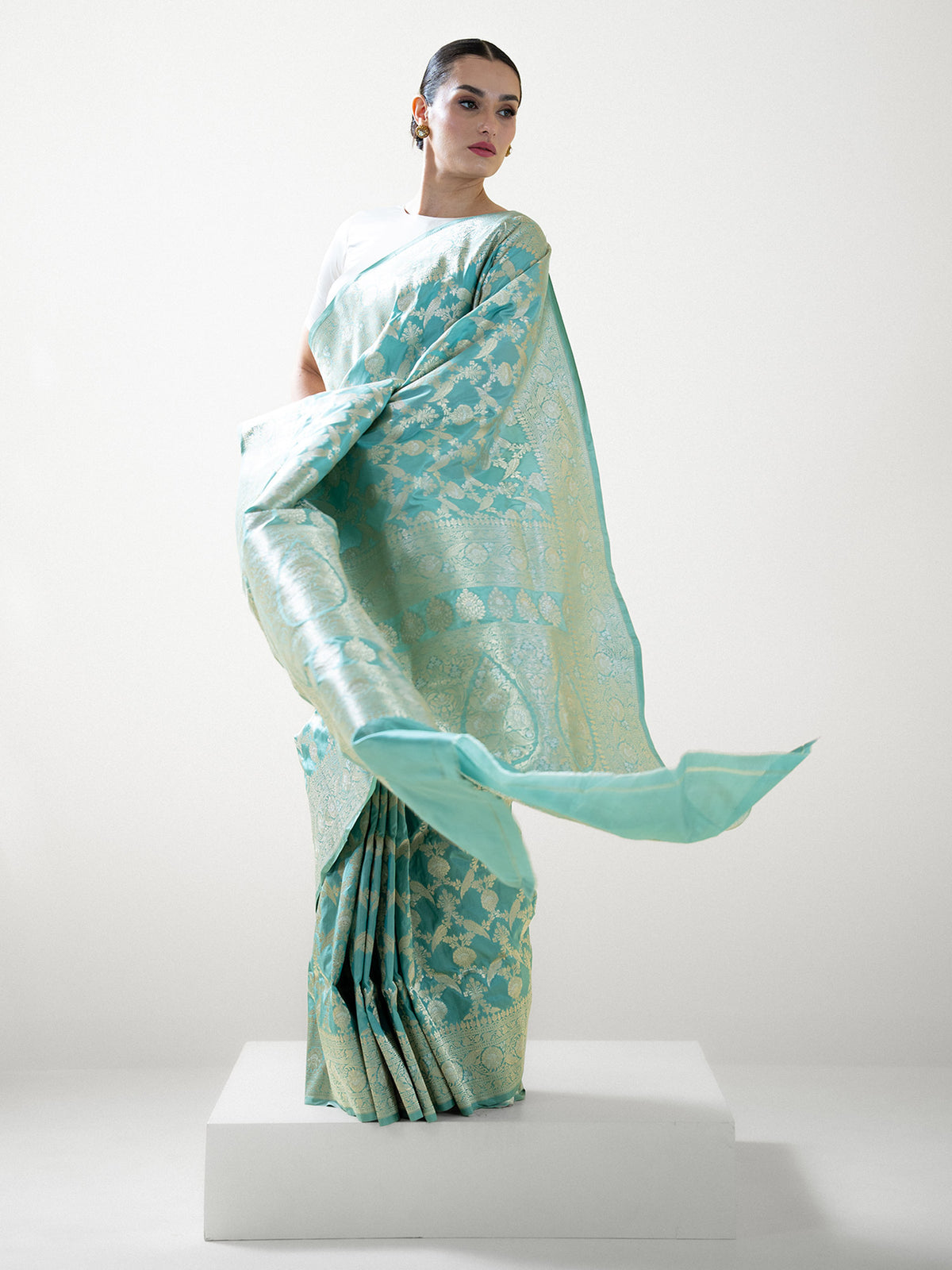 Aqua Green Jaal Uppada Katan Silk Handloom Banarasi Saree - Sacred Weaves