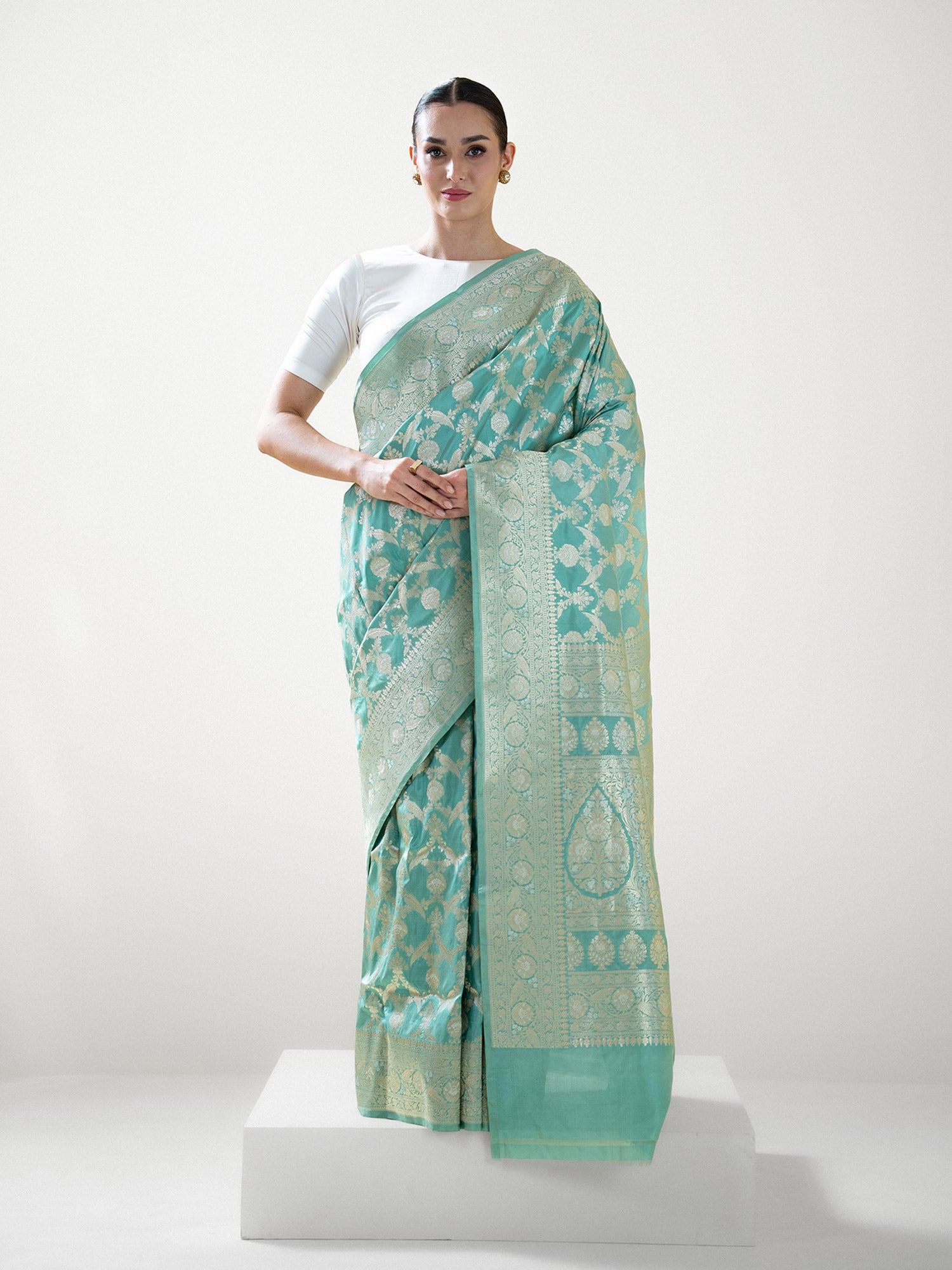 Aqua Green Jaal Uppada Katan Silk Handloom Banarasi Saree - Sacred Weaves