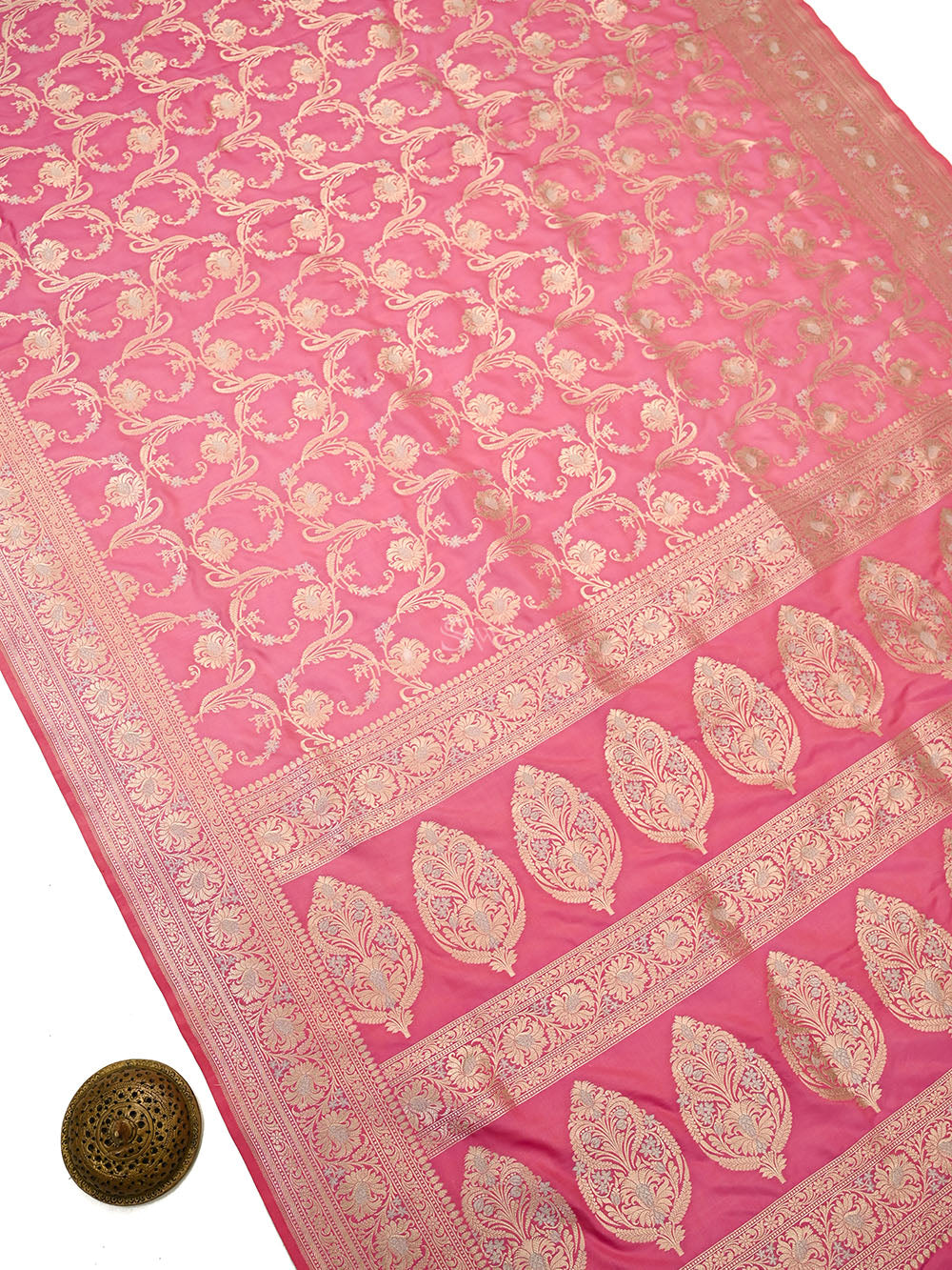 Pink Zari Jaal Uppada Katan Silk Handloom Banarasi Saree - Sacred Weaves