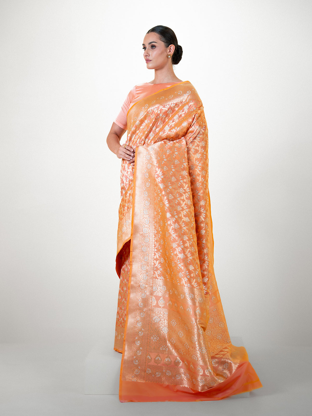 Orange Pink Uppada Katan Silk Handloom Banarasi Saree - Sacred Weaves