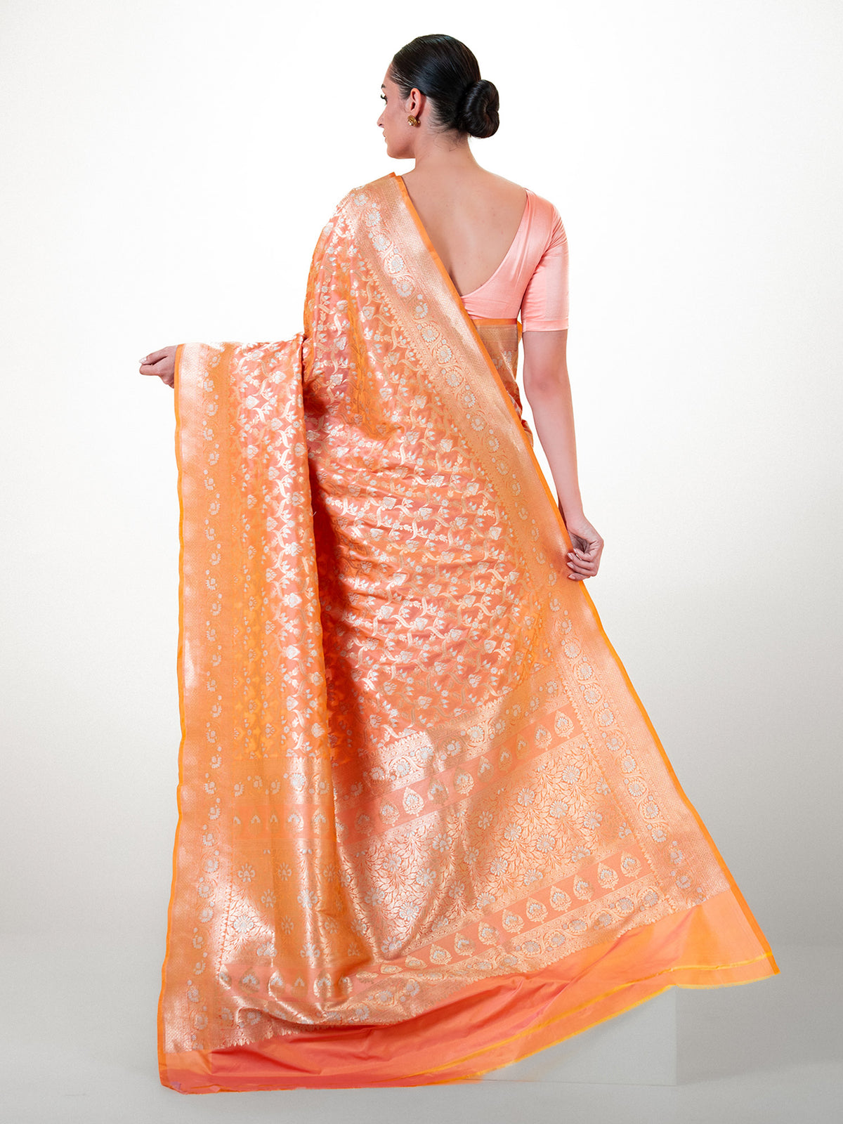 Orange Pink Uppada Katan Silk Handloom Banarasi Saree - Sacred Weaves