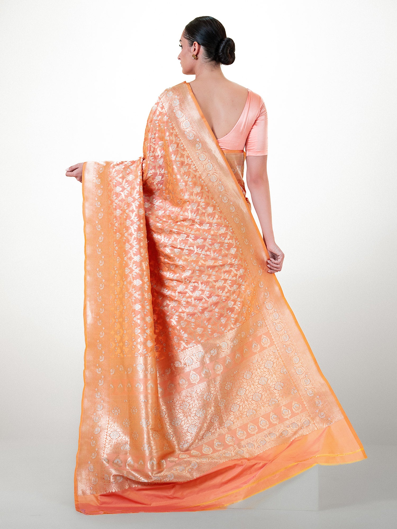 Orange Pink Uppada Katan Silk Handloom Banarasi Saree - Sacred Weaves