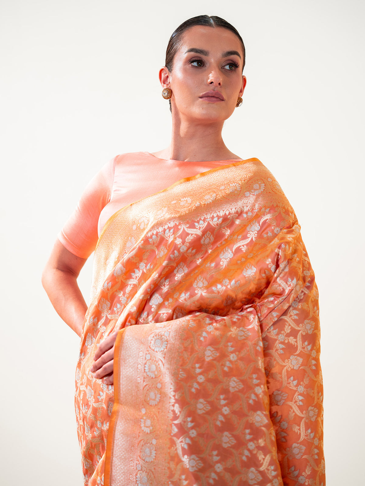 Orange Pink Uppada Katan Silk Handloom Banarasi Saree - Sacred Weaves