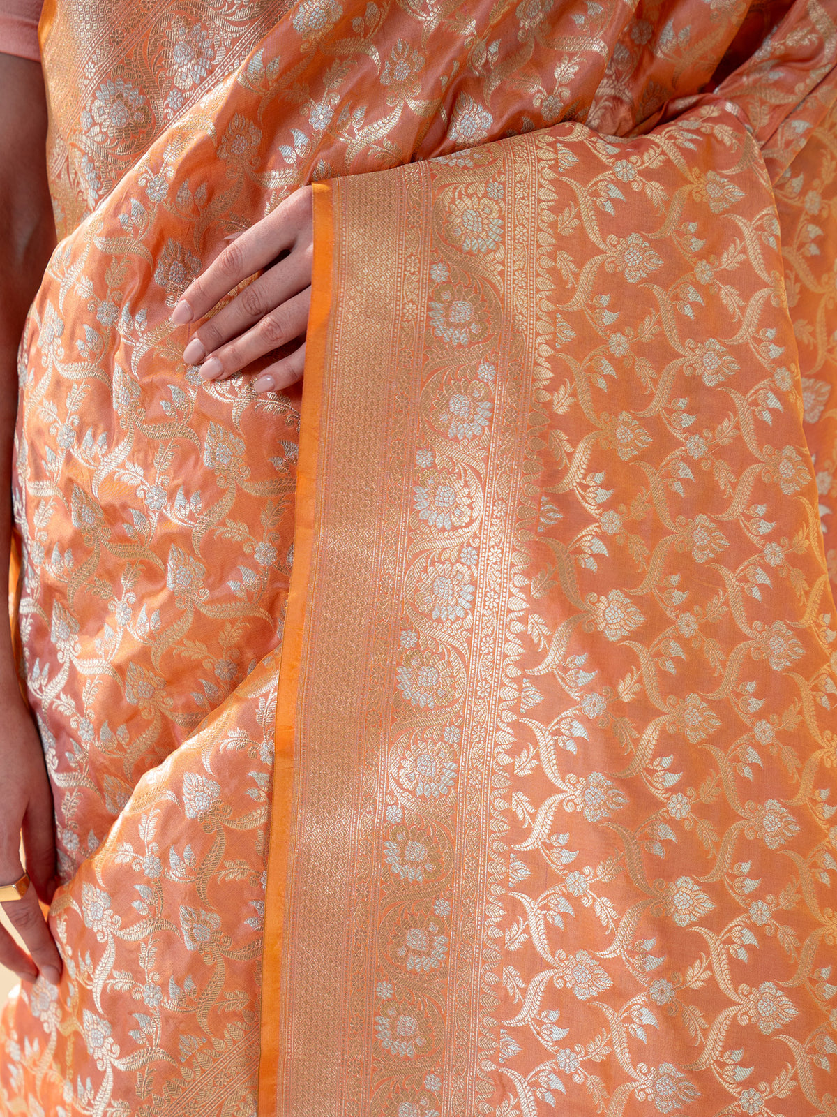 Orange Pink Uppada Katan Silk Handloom Banarasi Saree - Sacred Weaves