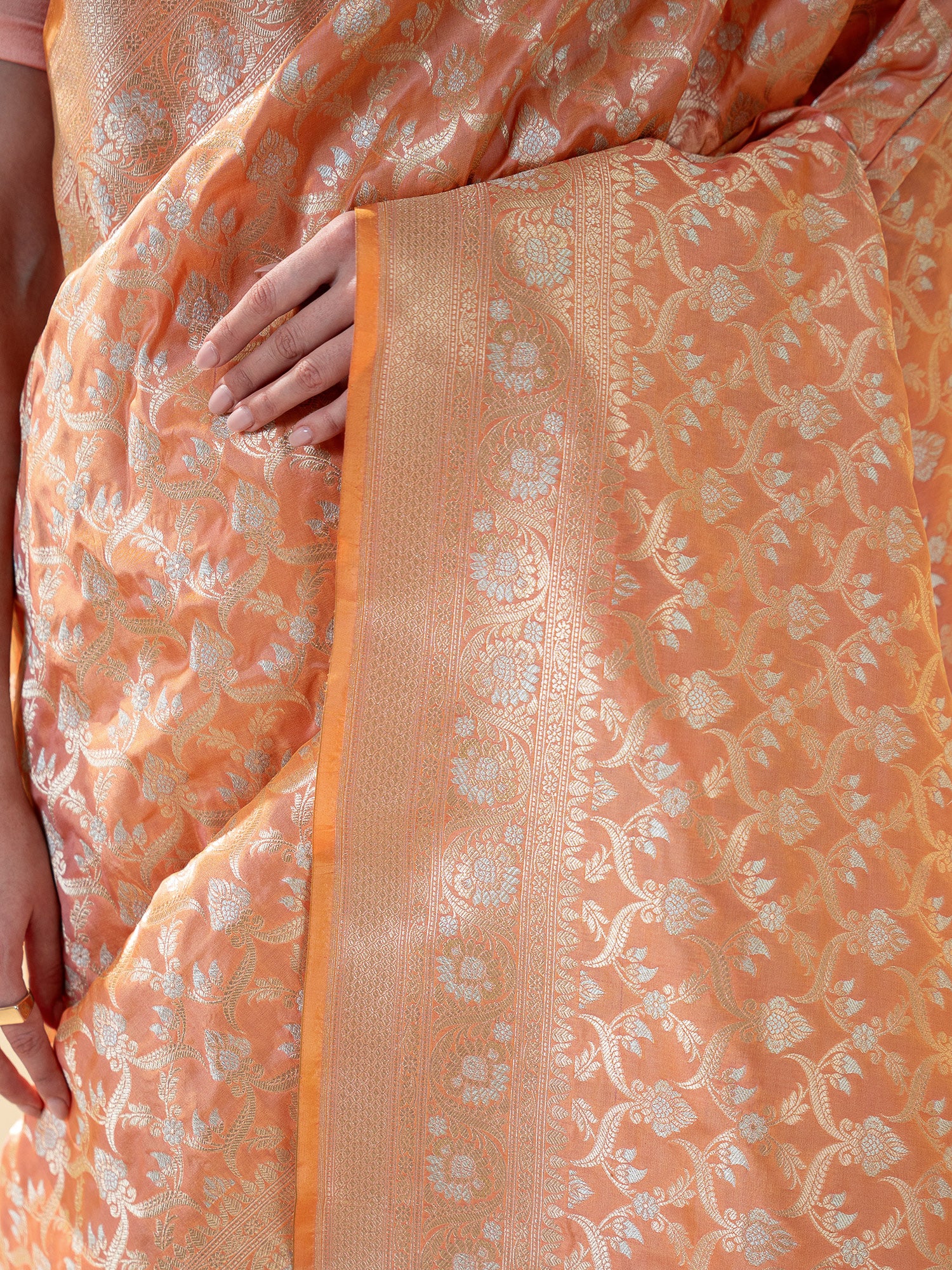 Orange Pink Uppada Katan Silk Handloom Banarasi Saree - Sacred Weaves