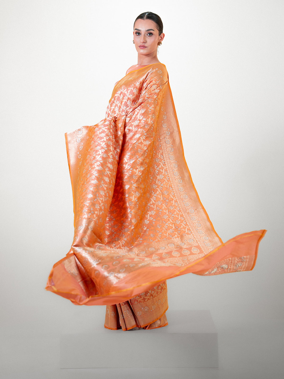 Orange Pink Uppada Katan Silk Handloom Banarasi Saree - Sacred Weaves