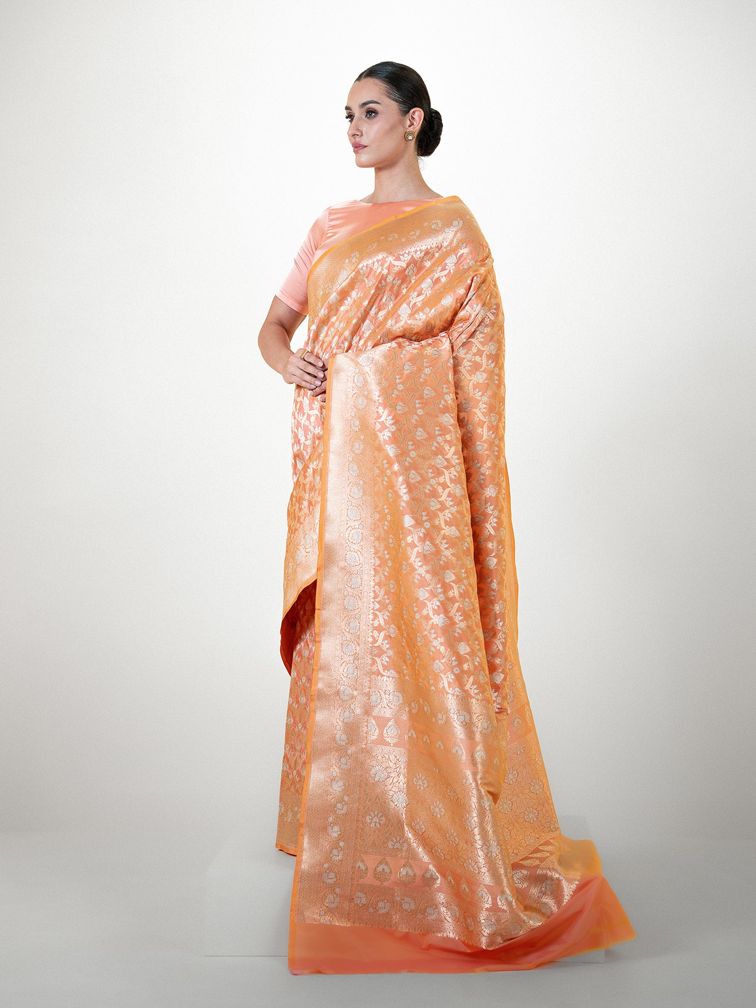 Orange Pink Uppada Katan Silk Handloom Banarasi Saree - Sacred Weaves