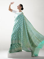 Aqua Green Jaal Uppada Katan Silk Handloom Banarasi Saree - Sacred Weaves