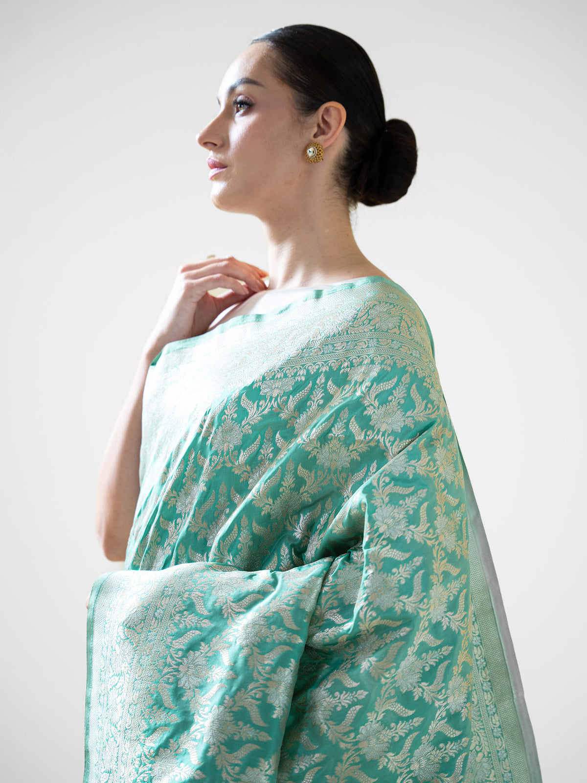 Aqua Green Jaal Uppada Katan Silk Handloom Banarasi Saree - Sacred Weaves