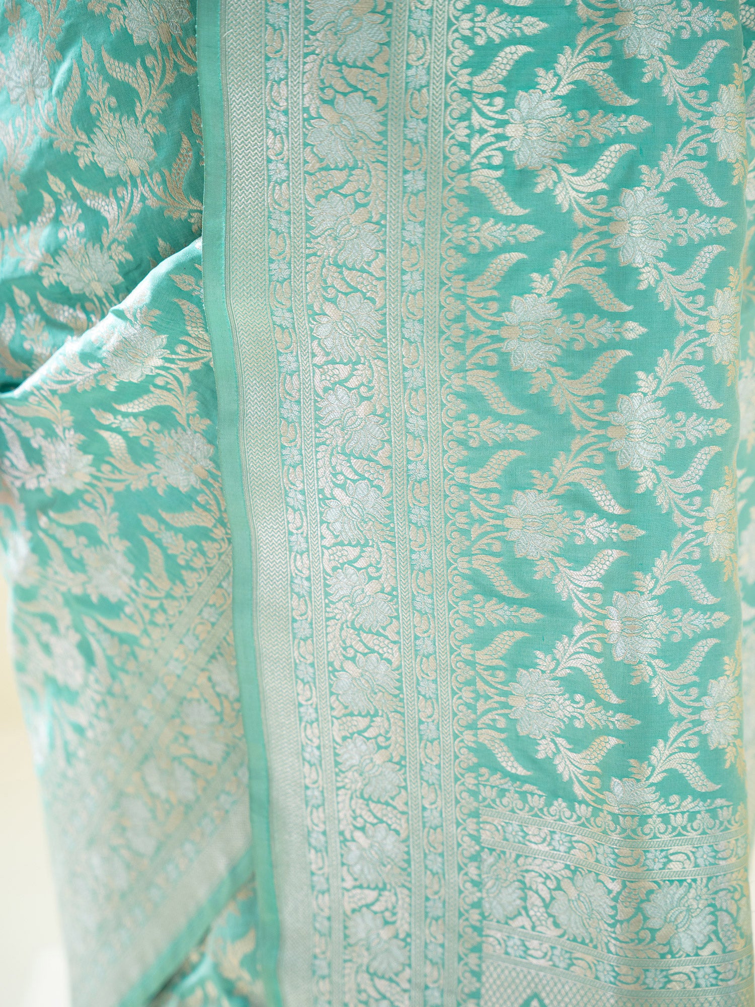 Aqua Green Jaal Uppada Katan Silk Handloom Banarasi Saree - Sacred Weaves