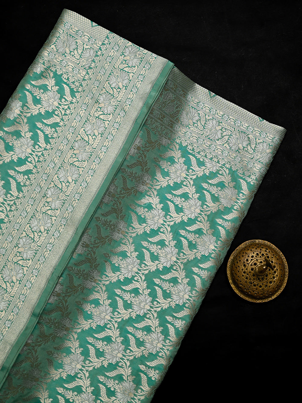 Aqua Green Jaal Uppada Katan Silk Handloom Banarasi Saree - Sacred Weaves