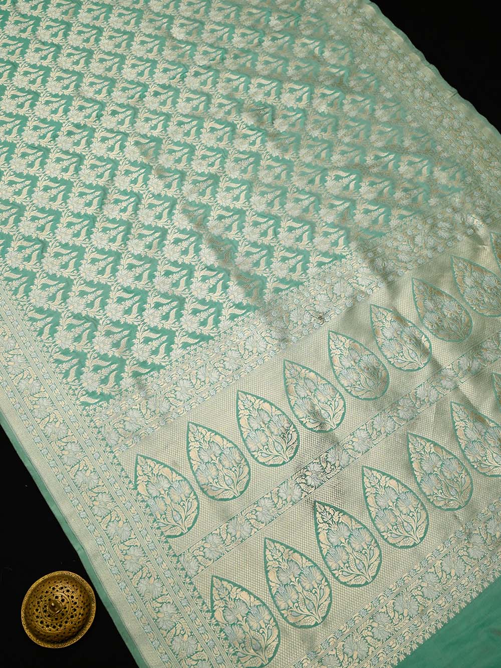 Aqua Green Jaal Uppada Katan Silk Handloom Banarasi Saree - Sacred Weaves