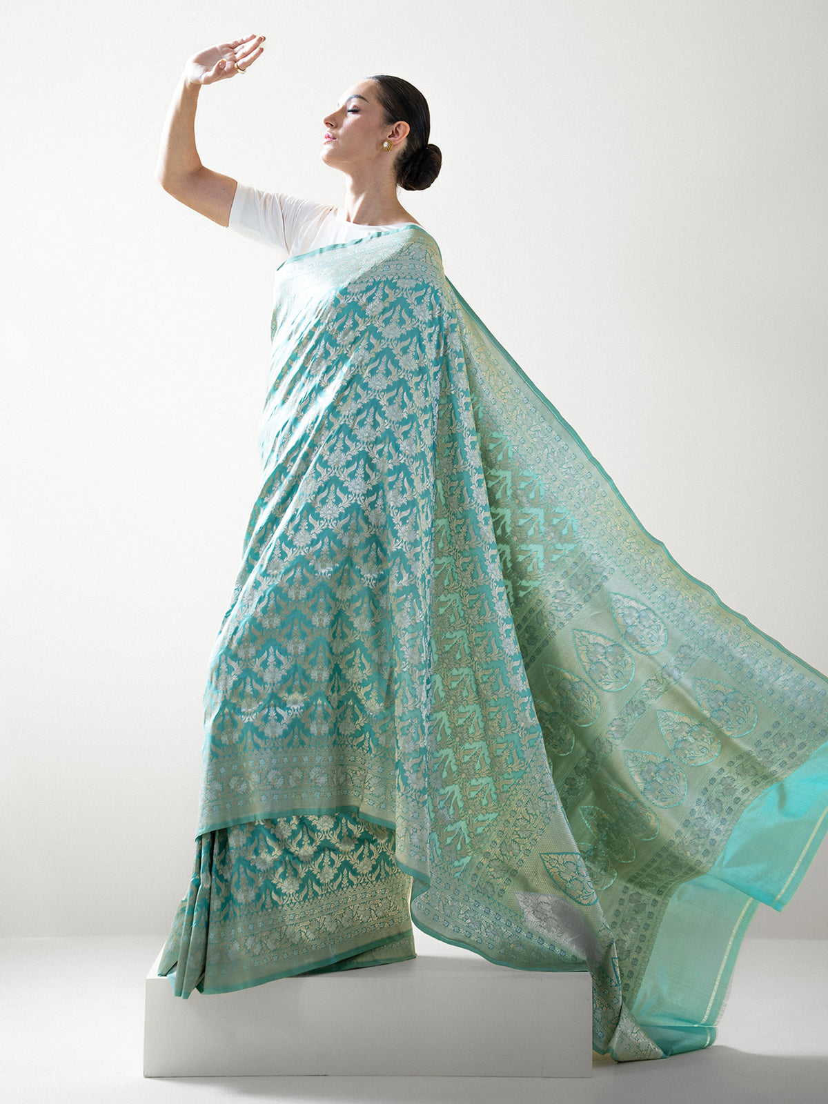 Aqua Green Jaal Uppada Katan Silk Handloom Banarasi Saree - Sacred Weaves