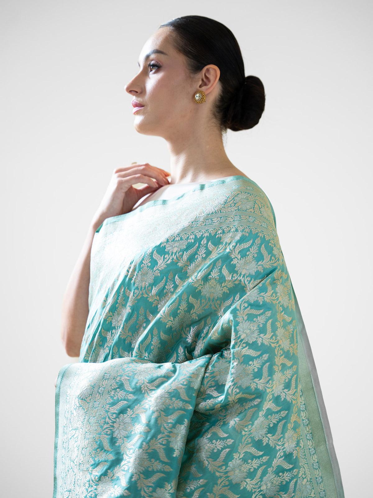 Aqua Green Jaal Uppada Katan Silk Handloom Banarasi Saree - Sacred Weaves