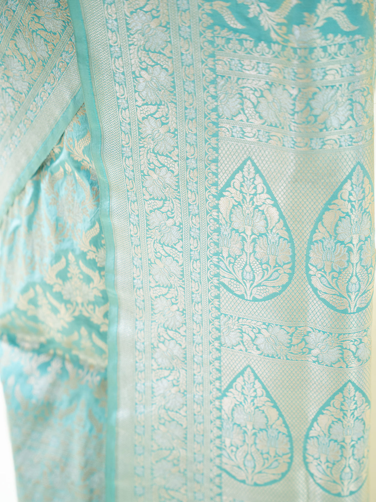 Aqua Green Jaal Uppada Katan Silk Handloom Banarasi Saree - Sacred Weaves