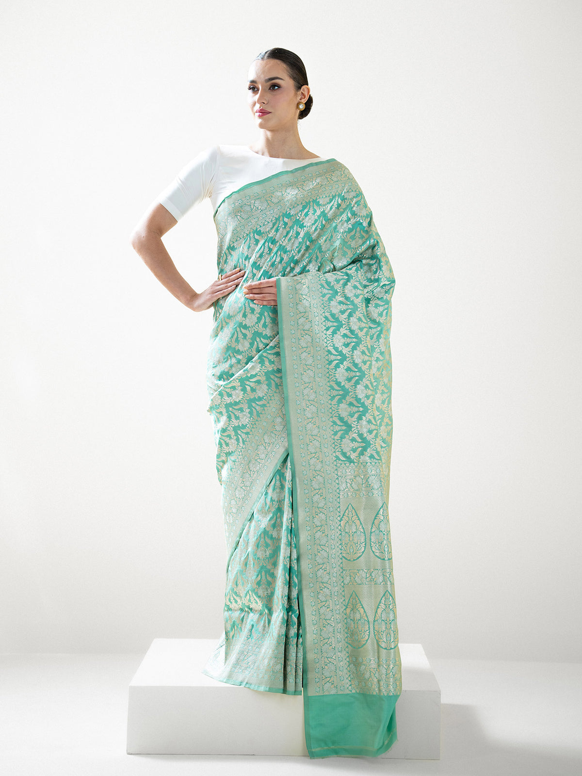Aqua Green Jaal Uppada Katan Silk Handloom Banarasi Saree - Sacred Weaves