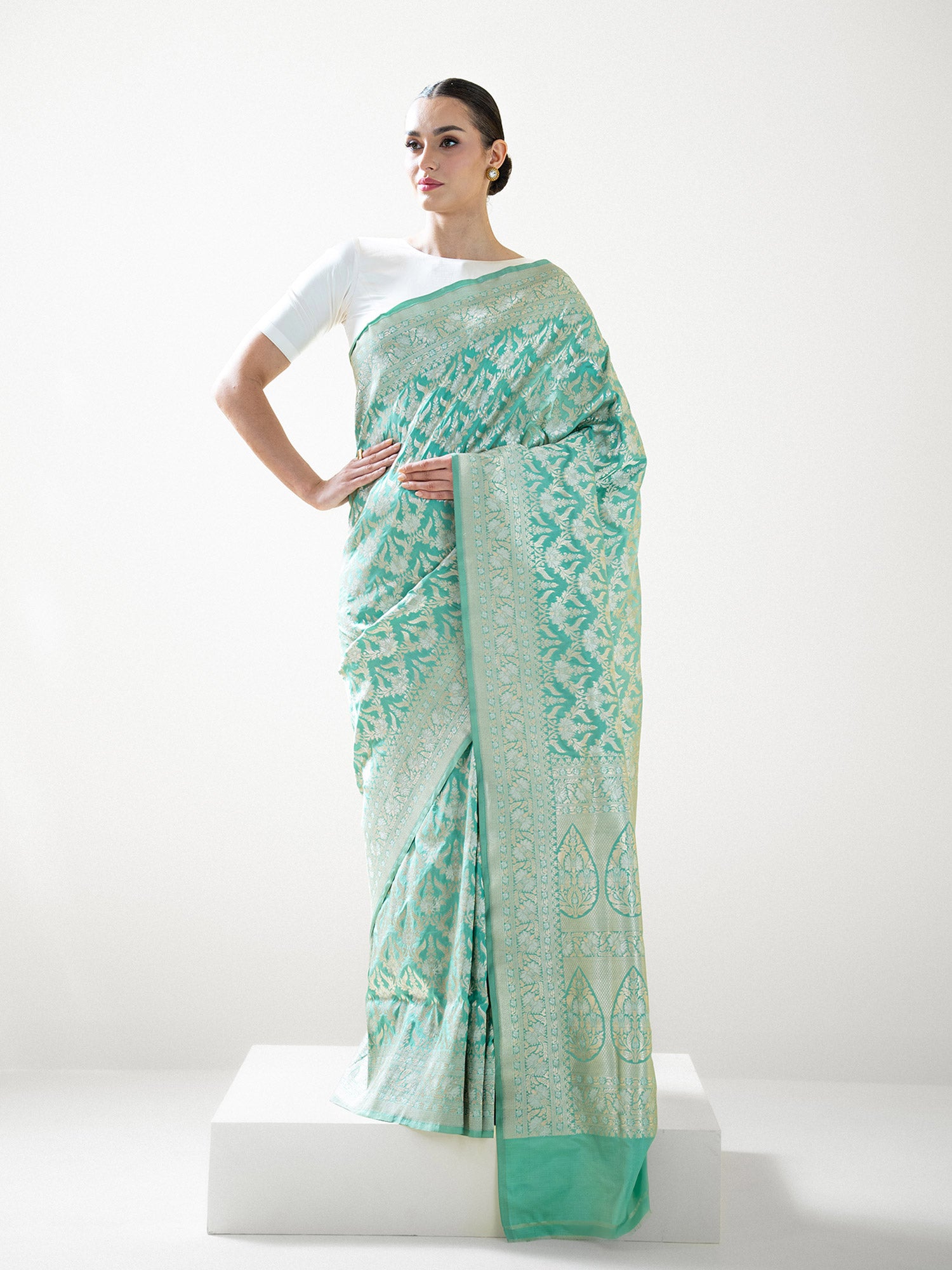 Aqua Green Jaal Uppada Katan Silk Handloom Banarasi Saree - Sacred Weaves