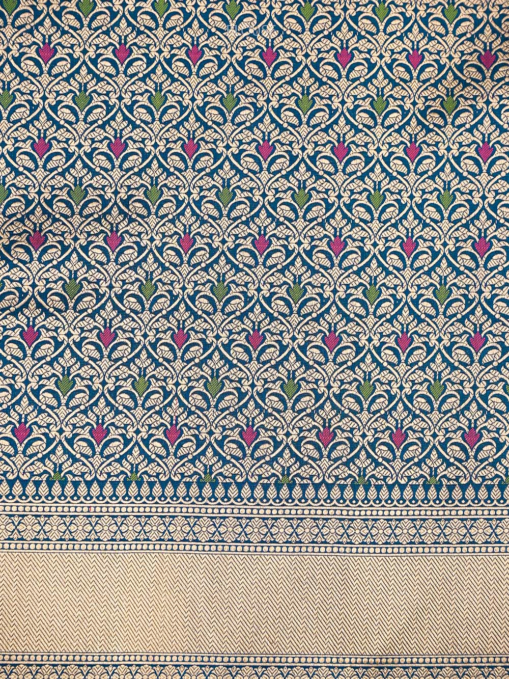 Midnight Blue Booti Katan Silk Uppada Handloom Banarasi Saree - Sacred Weaves