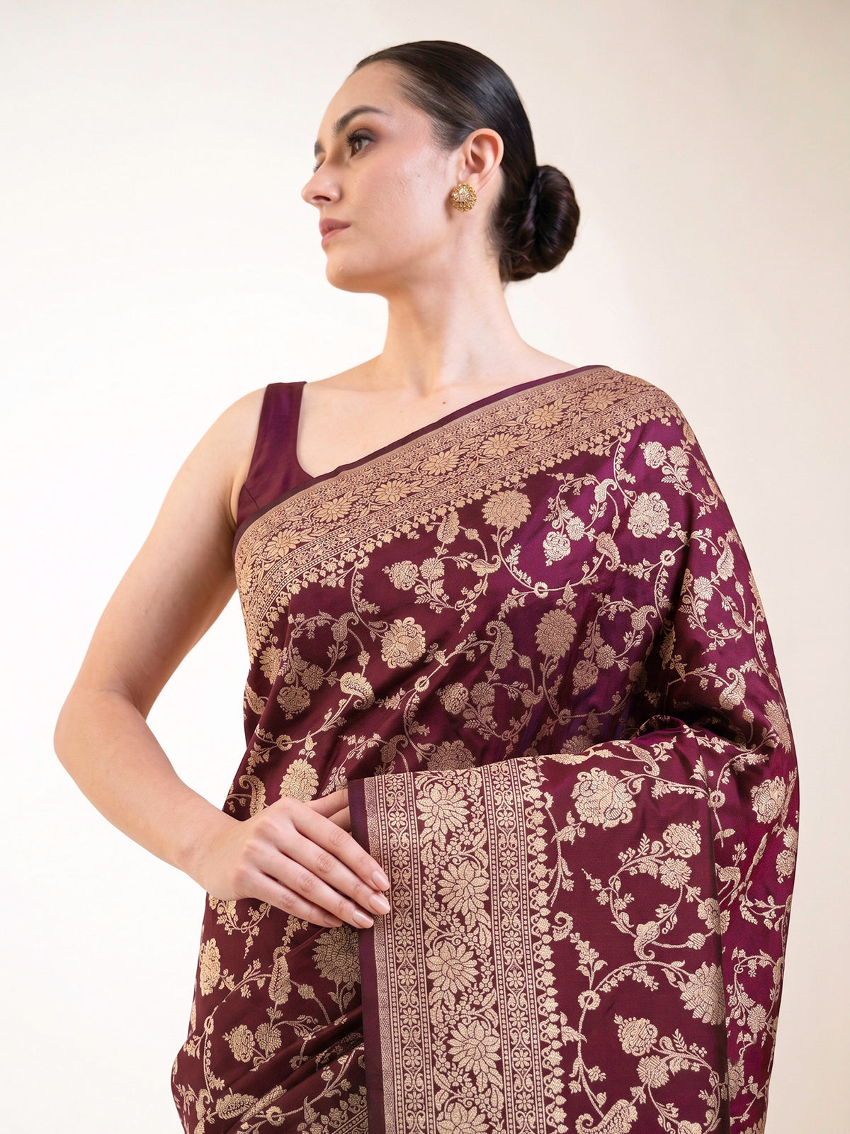 Wine Jaal Uppada Katan Silk Handloom Banarasi Saree - Sacred Weaves