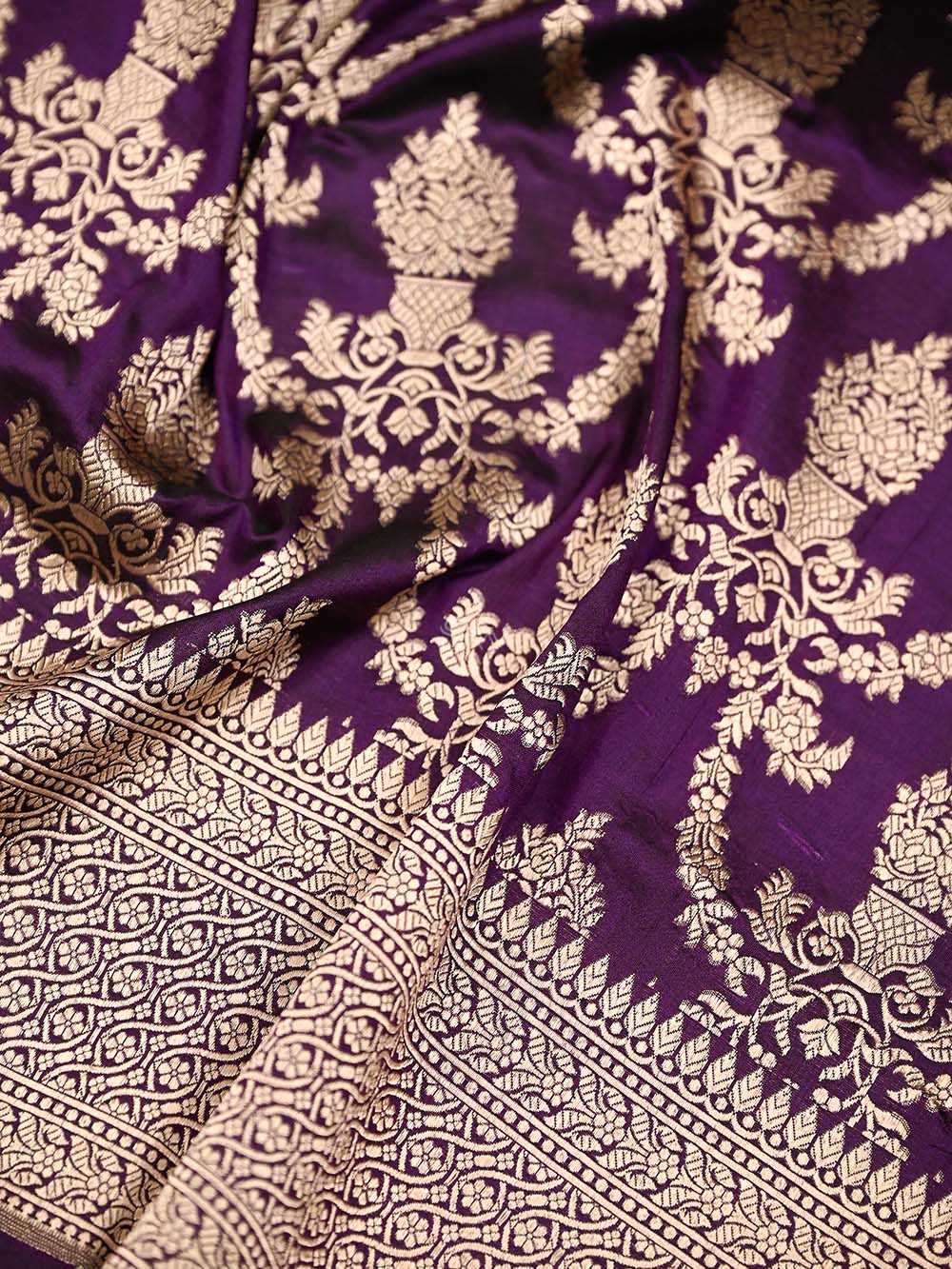 Purple Jaal Katan Silk Handloom Banarasi Fabric - Sacred Weaves