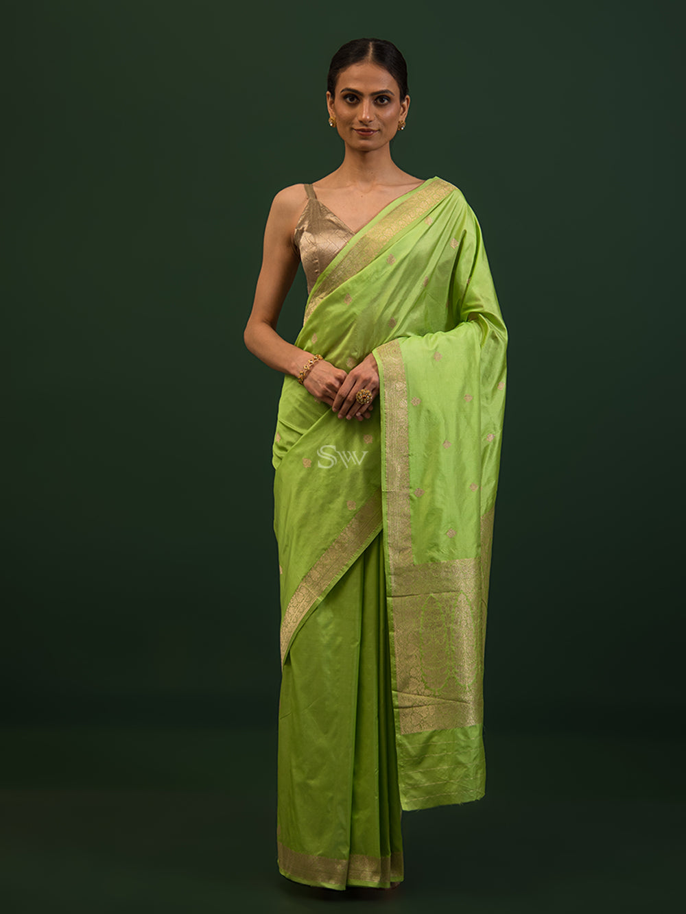 Green Booti Katan Silk Handloom Banarasi Saree - Sacred Weaves