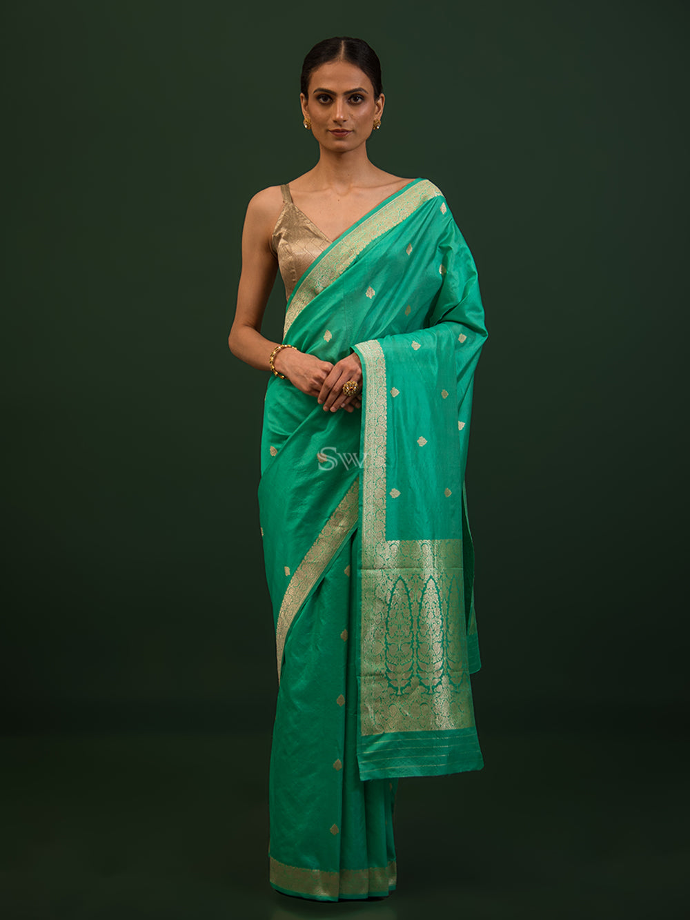 Sea Green Booti Katan Silk Handloom Banarasi Saree - Sacred Weaves