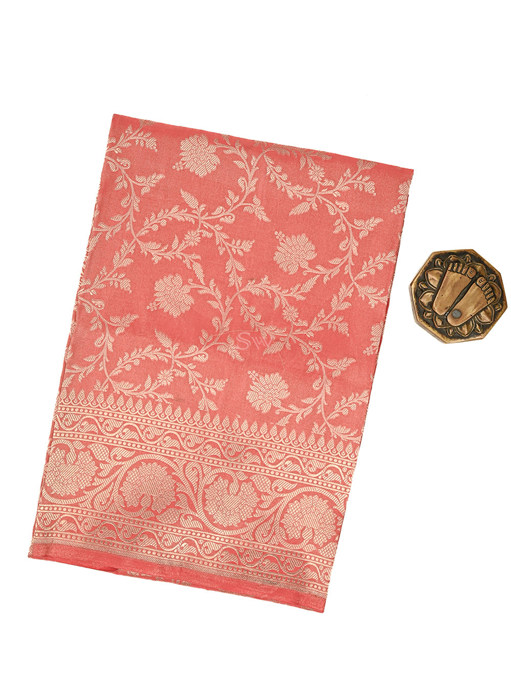 Coral Pink Jaal Tissue Silk Handloom Banarasi Fabric - Sacred Weaves
