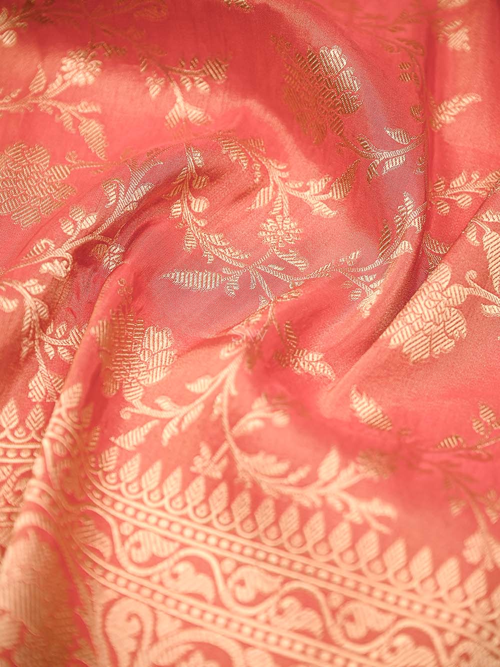 Coral Pink Jaal Tissue Silk Handloom Banarasi Fabric - Sacred Weaves