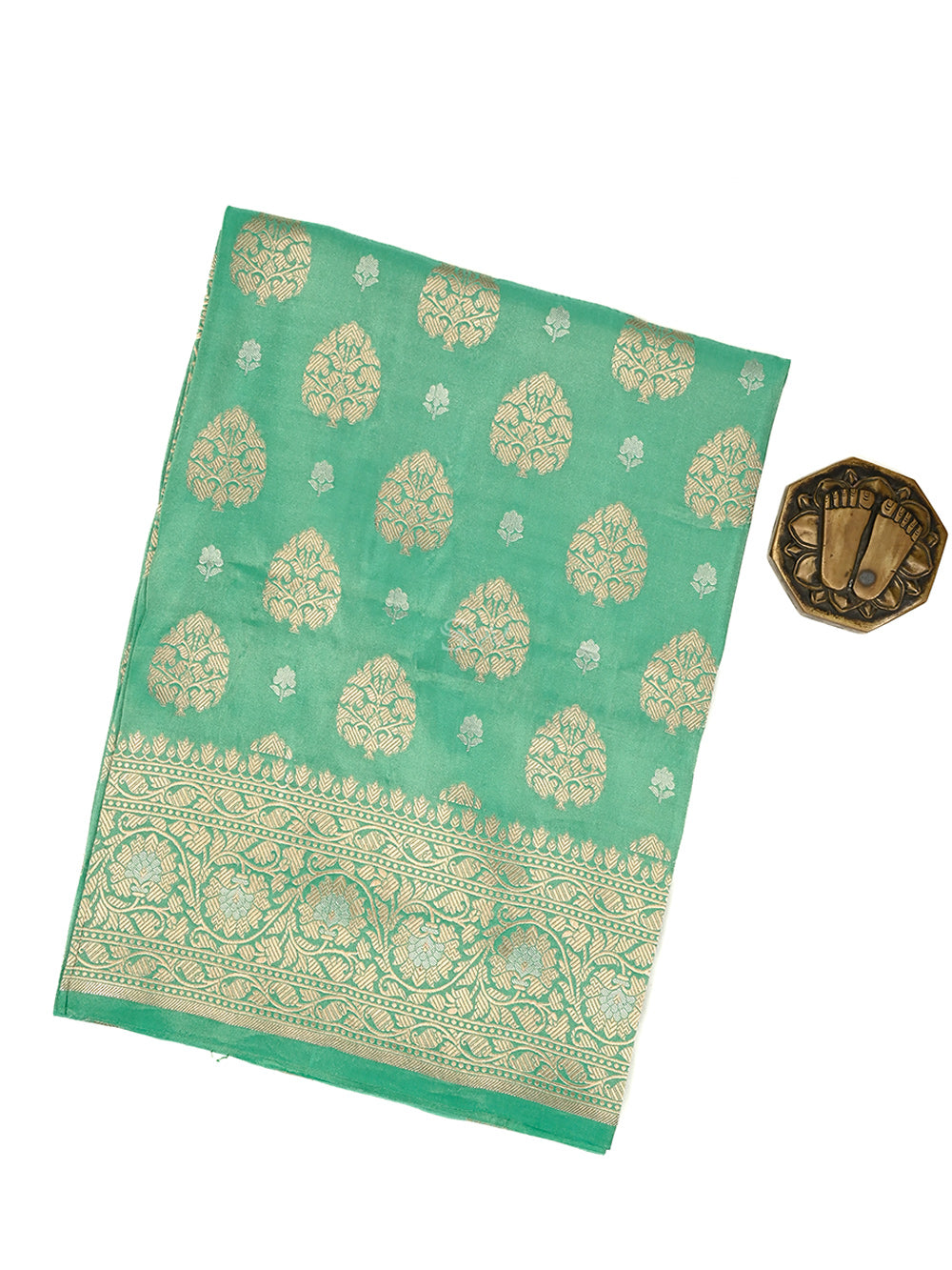 Sea Green Boota Katan Silk Handloom Banarasi Fabric - Sacred Weaves