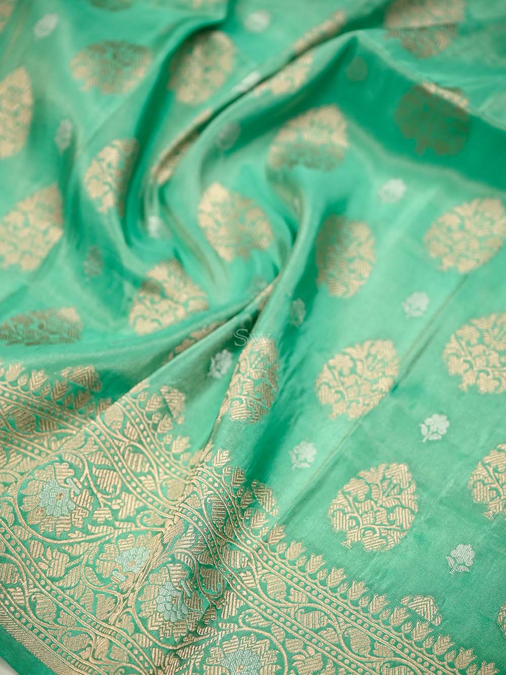 Sea Green Boota Katan Silk Handloom Banarasi Fabric - Sacred Weaves